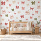 Bow Wall Stickers, Coquette Nursery Decor, Ribbon Bow Wall Decals, Girls Kids Room Pink Sage Green Gingham Peel and Stick Art