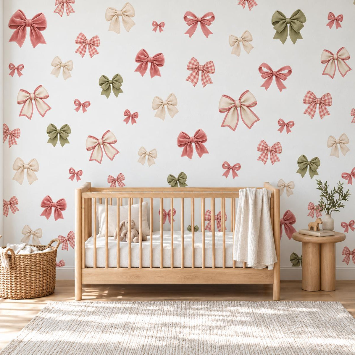 Bow Wall Stickers, Coquette Nursery Decor, Ribbon Bow Wall Decals, Girls Kids Room Pink Sage Green Gingham Peel and Stick Art
