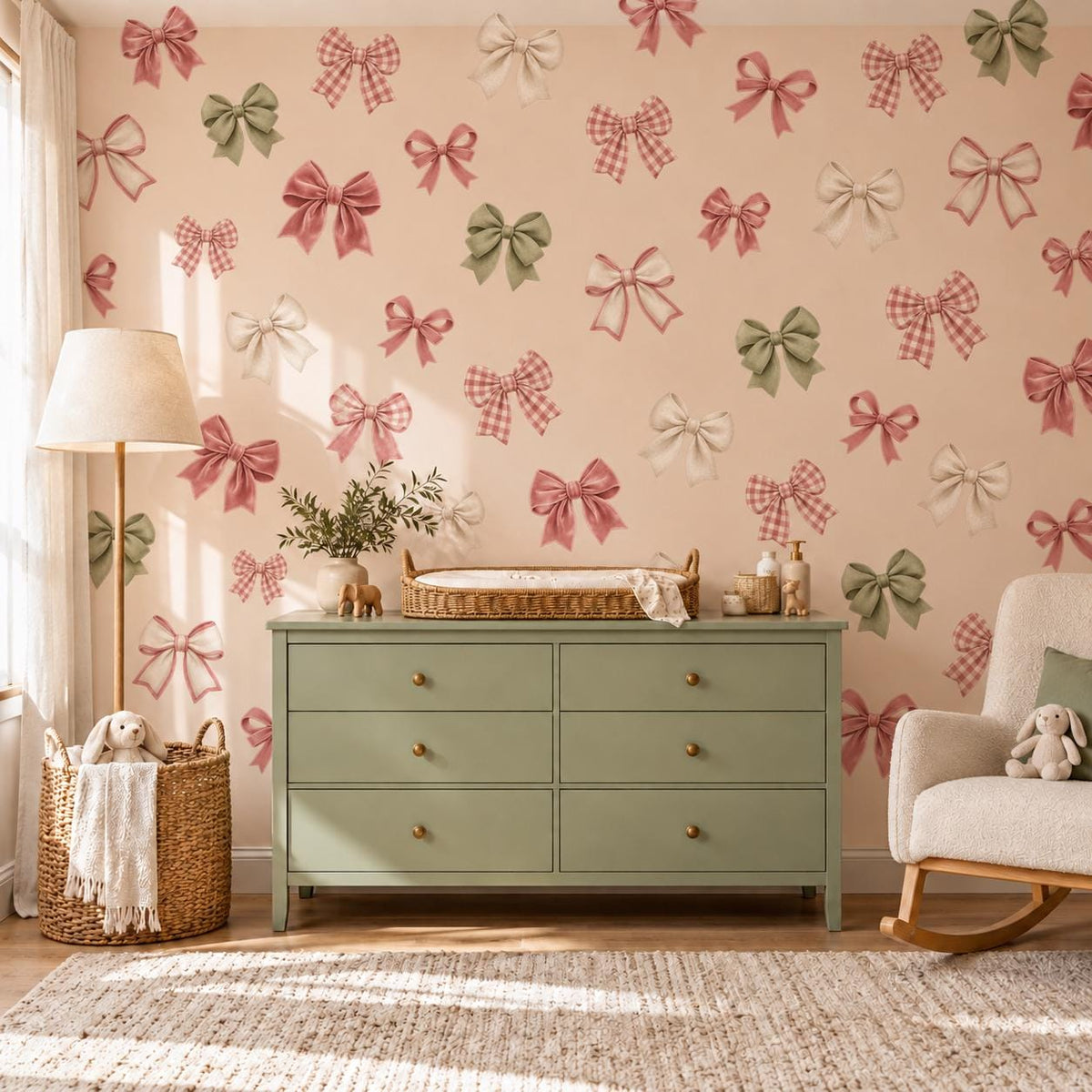 Bow Wall Stickers, Coquette Nursery Decor, Ribbon Bow Wall Decals, Girls Kids Room Pink Sage Green Gingham Peel and Stick Art