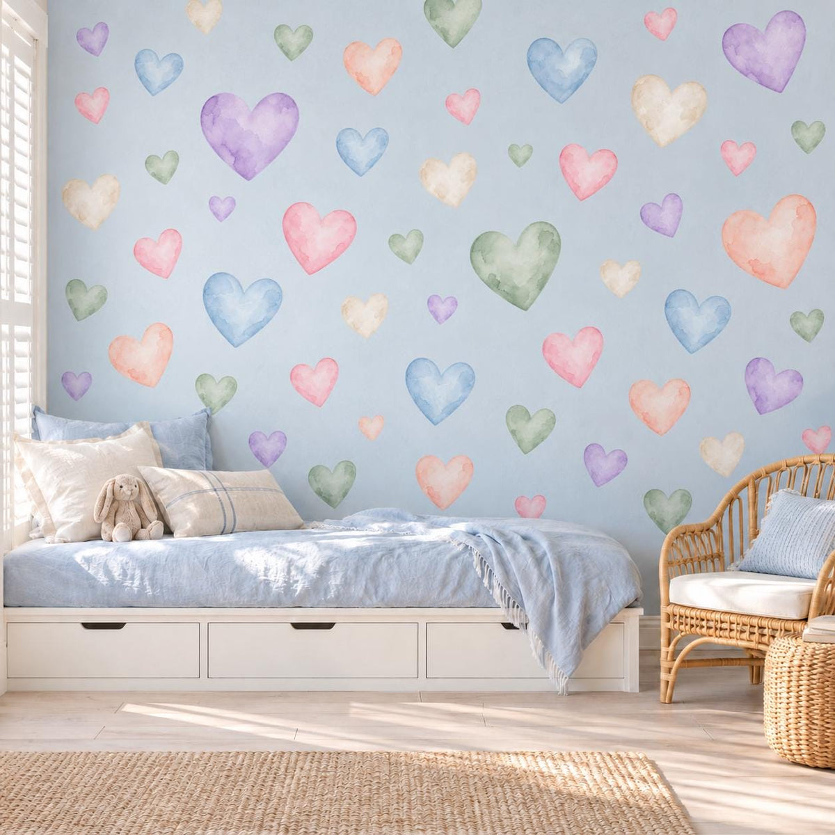 Heart Wall Stickers, Pastel Rainbow Nursery Decor, Watercolour Heart Wall Decals, Kids Room Gender Neutral Peel and Stick Art
