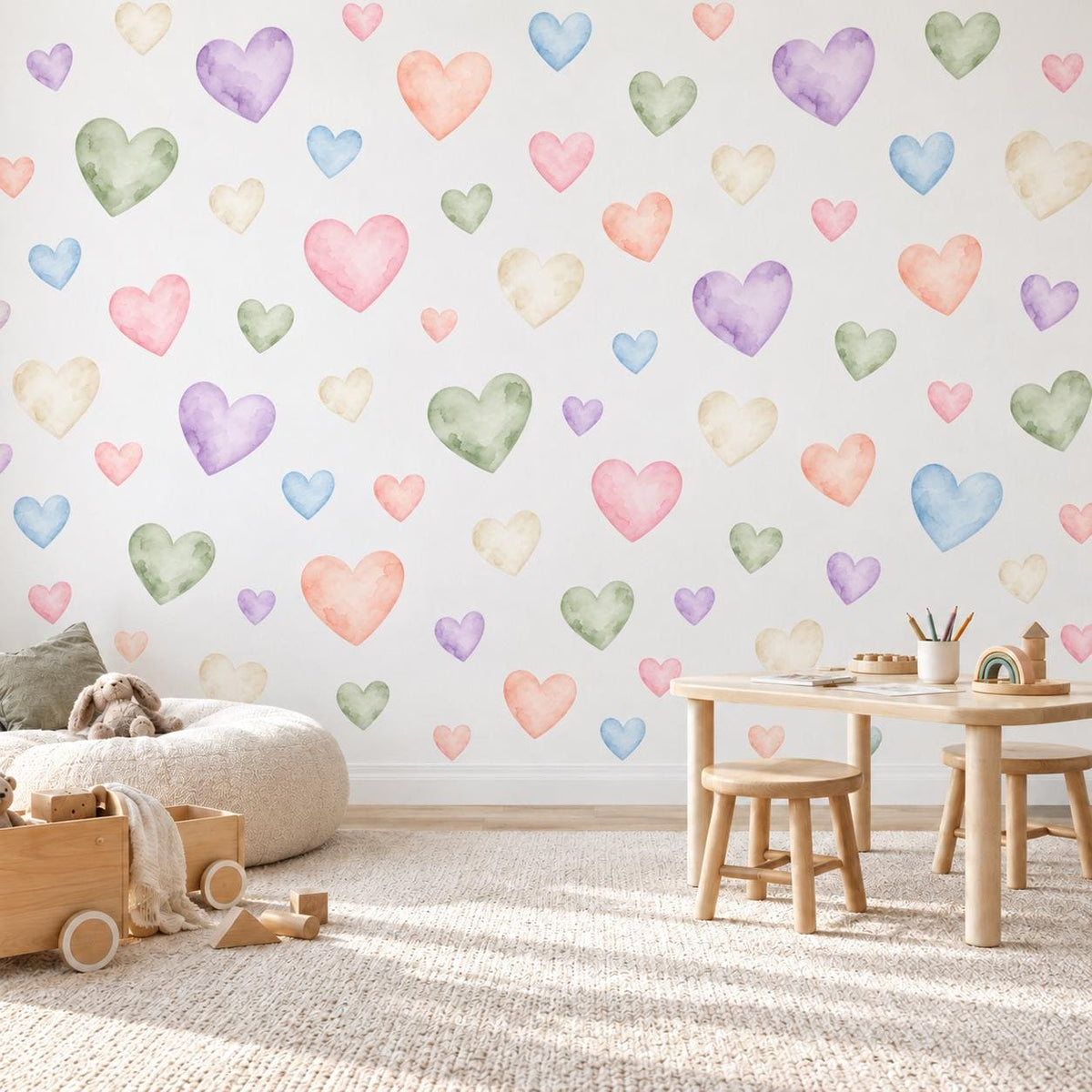 Heart Wall Stickers, Pastel Rainbow Nursery Decor, Watercolour Heart Wall Decals, Kids Room Gender Neutral Peel and Stick Art