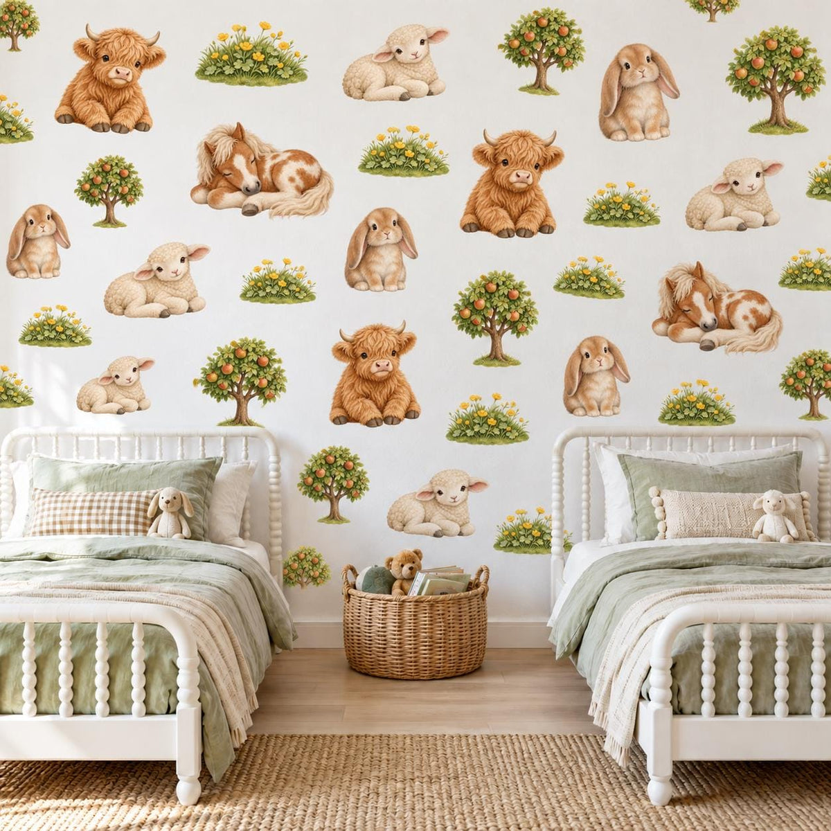 Highland Cow Wall Stickers, Farm Animal Nursery Decor, Bunny Lamb Pony Wall Decals, Kids Room Gender Neutral Peel and Stick Art