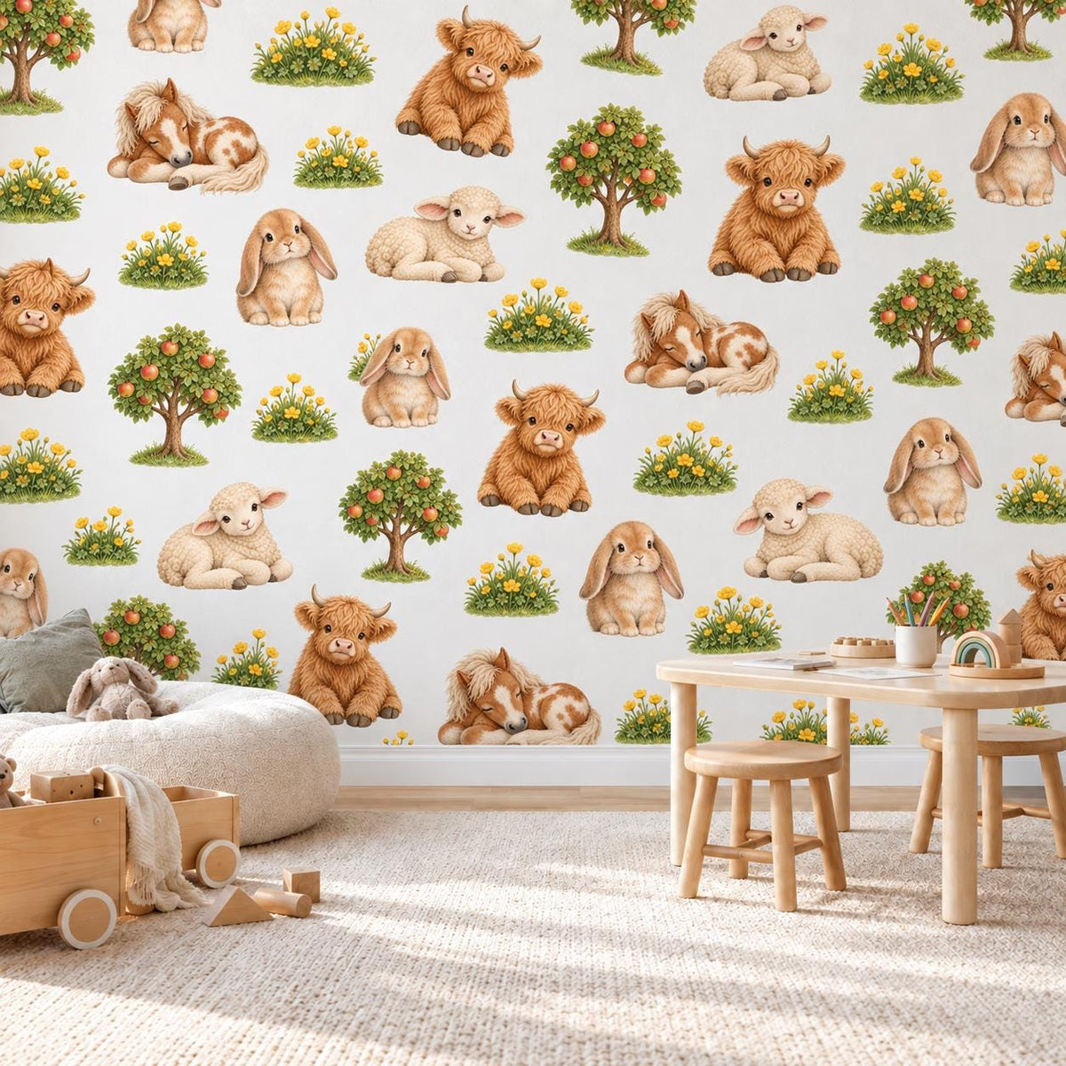 Highland Cow Wall Stickers, Farm Animal Nursery Decor, Bunny Lamb Pony Wall Decals, Kids Room Gender Neutral Peel and Stick Art