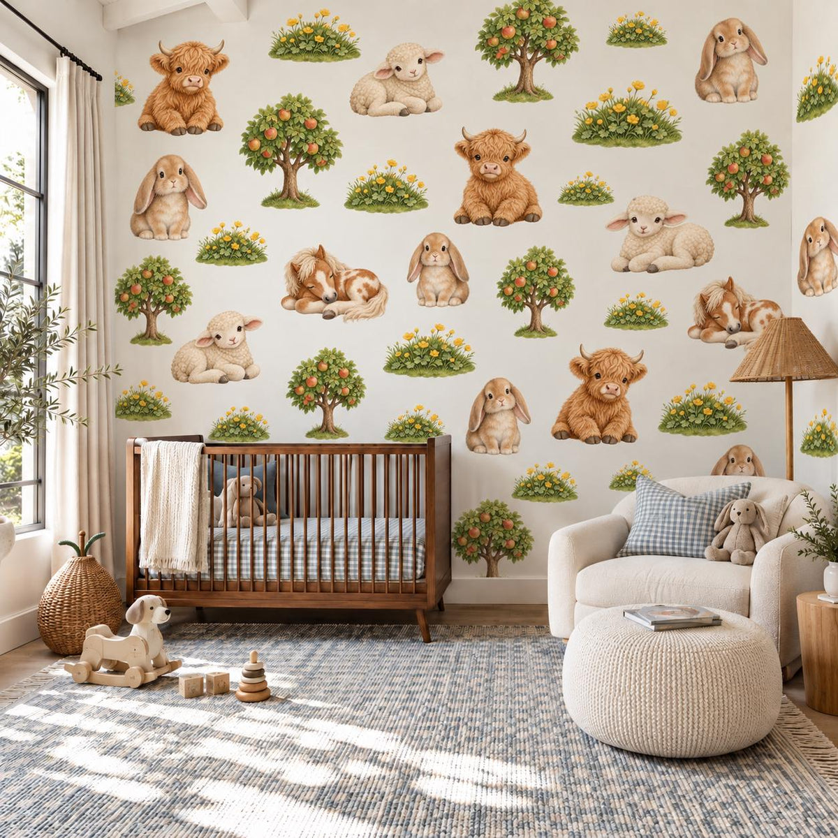 Highland Cow Wall Stickers, Farm Animal Nursery Decor, Bunny Lamb Pony Wall Decals, Kids Room Gender Neutral Peel and Stick Art