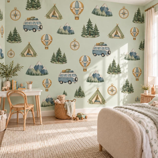 Adventure Wall Stickers, Mountain Nursery Decor, Camper Van Tent Compass Wall Decals, Boys Kids Room Explorer Peel and Stick Art