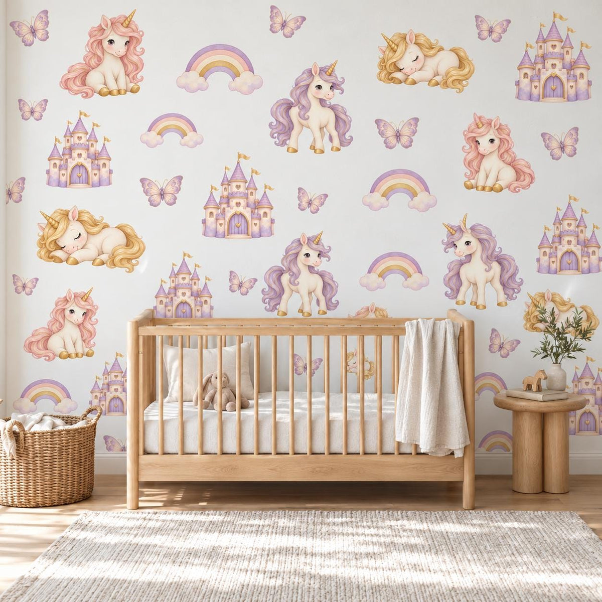 Unicorn Wall Stickers, Rainbow Nursery Decor, Castle Butterfly Wall Decals, Girls Kids Room Pink Purple Magical Peel and Stick Art
