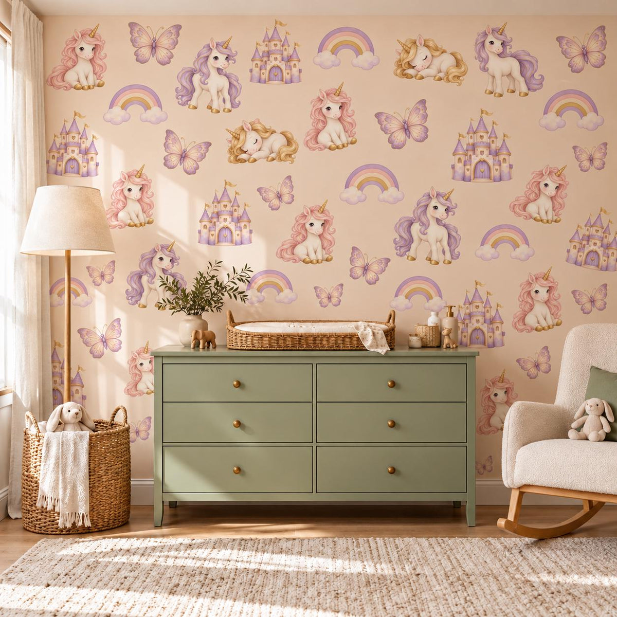 Unicorn Wall Stickers, Rainbow Nursery Decor, Castle Butterfly Wall Decals, Girls Kids Room Pink Purple Magical Peel and Stick Art