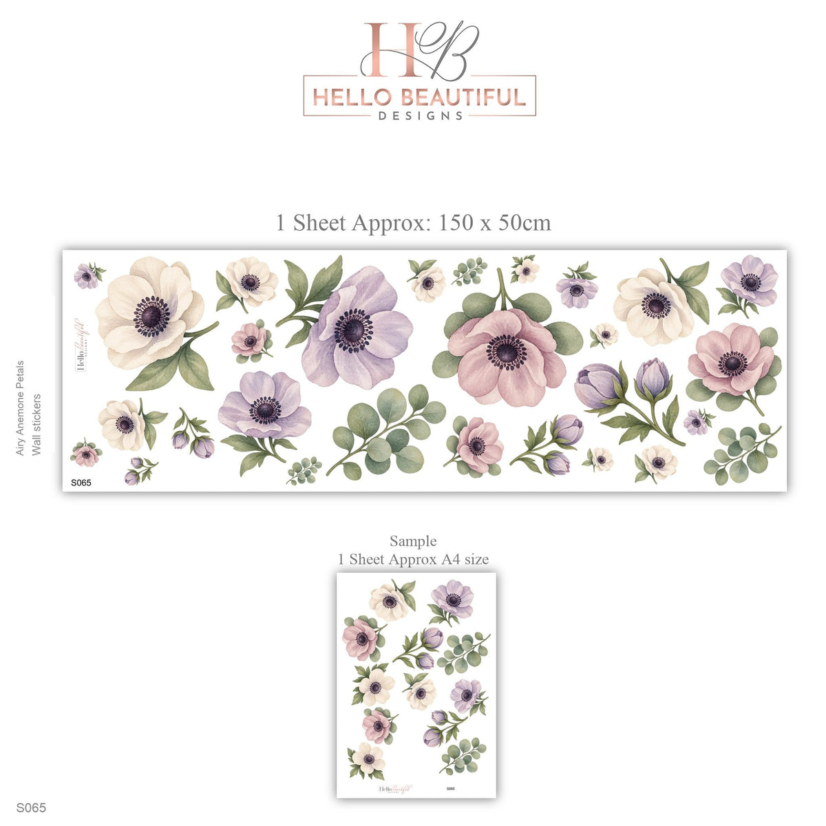 Floral Wall Stickers, Watercolour Anemone Nursery Decor, Purple Flower Eucalyptus Wall Decals, Girls Bedroom Peel and Stick Art