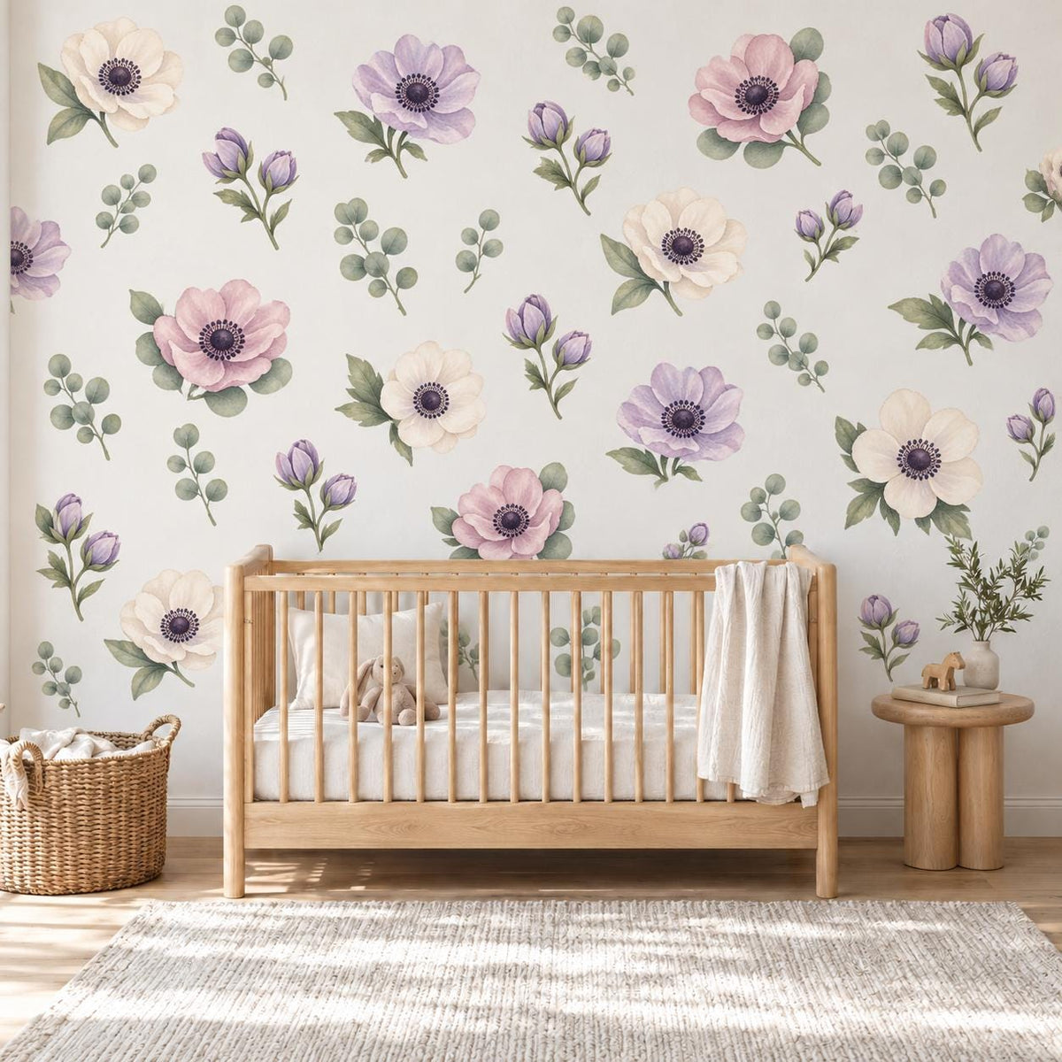 Floral Wall Stickers, Watercolour Anemone Nursery Decor, Purple Flower Eucalyptus Wall Decals, Girls Bedroom Peel and Stick Art