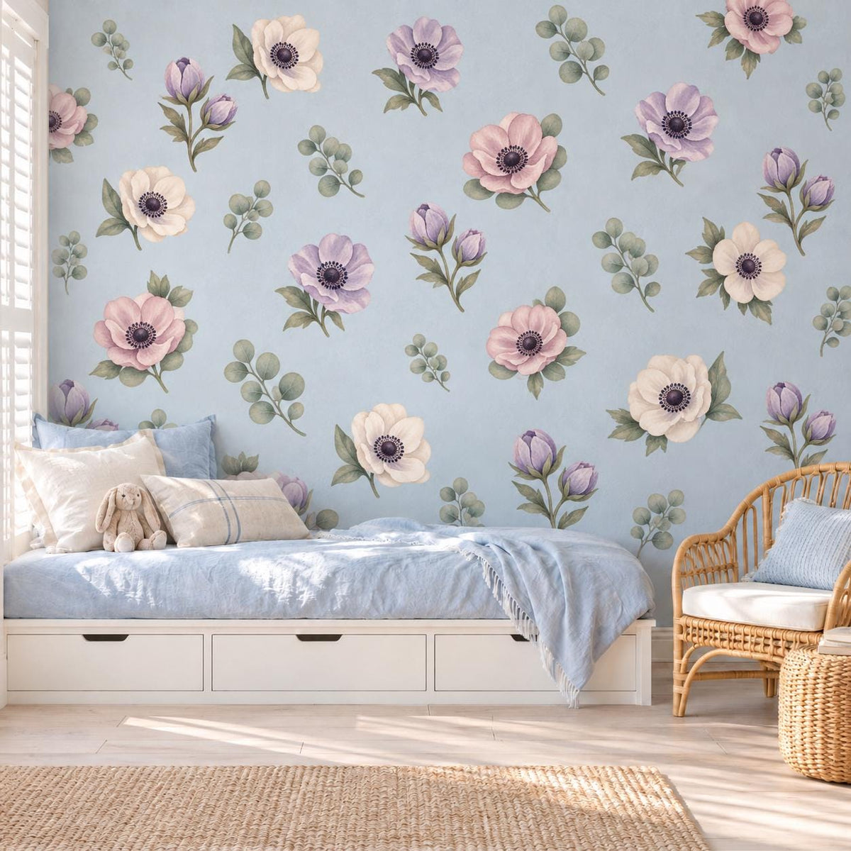 Floral Wall Stickers, Watercolour Anemone Nursery Decor, Purple Flower Eucalyptus Wall Decals, Girls Bedroom Peel and Stick Art