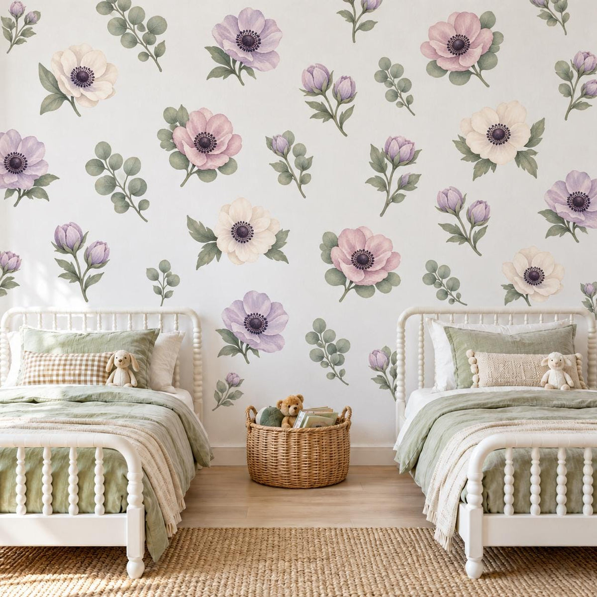 Floral Wall Stickers, Watercolour Anemone Nursery Decor, Purple Flower Eucalyptus Wall Decals, Girls Bedroom Peel and Stick Art
