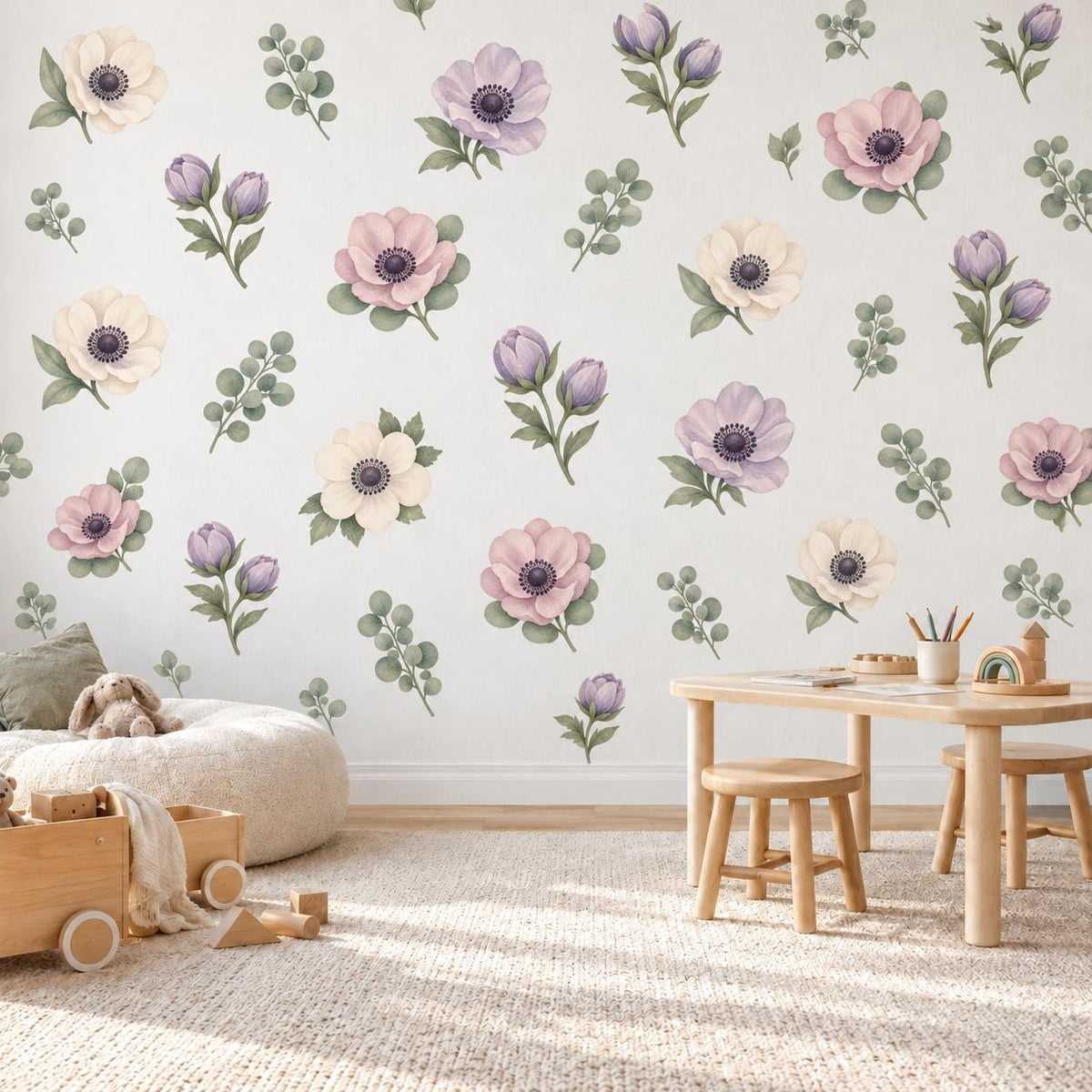 Floral Wall Stickers, Watercolour Anemone Nursery Decor, Purple Flower Eucalyptus Wall Decals, Girls Bedroom Peel and Stick Art