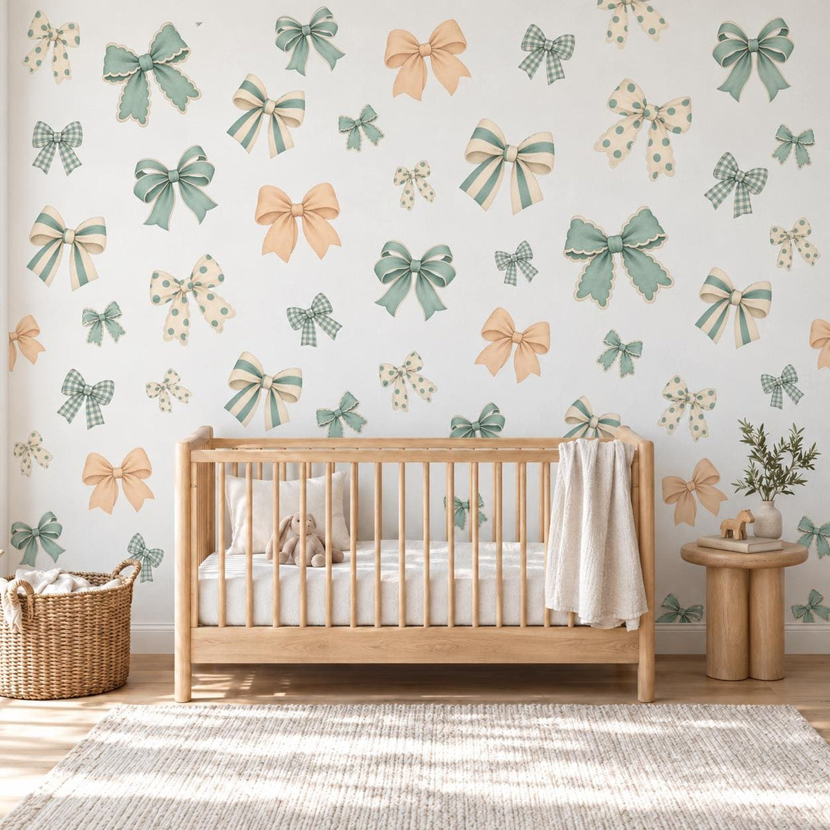 Sage Green Bow Wall Stickers, Gingham Coquette Nursery Decor, Scalloped Ribbon Bow Wall Decals, Neutral Kids Room Peel and Stick Art