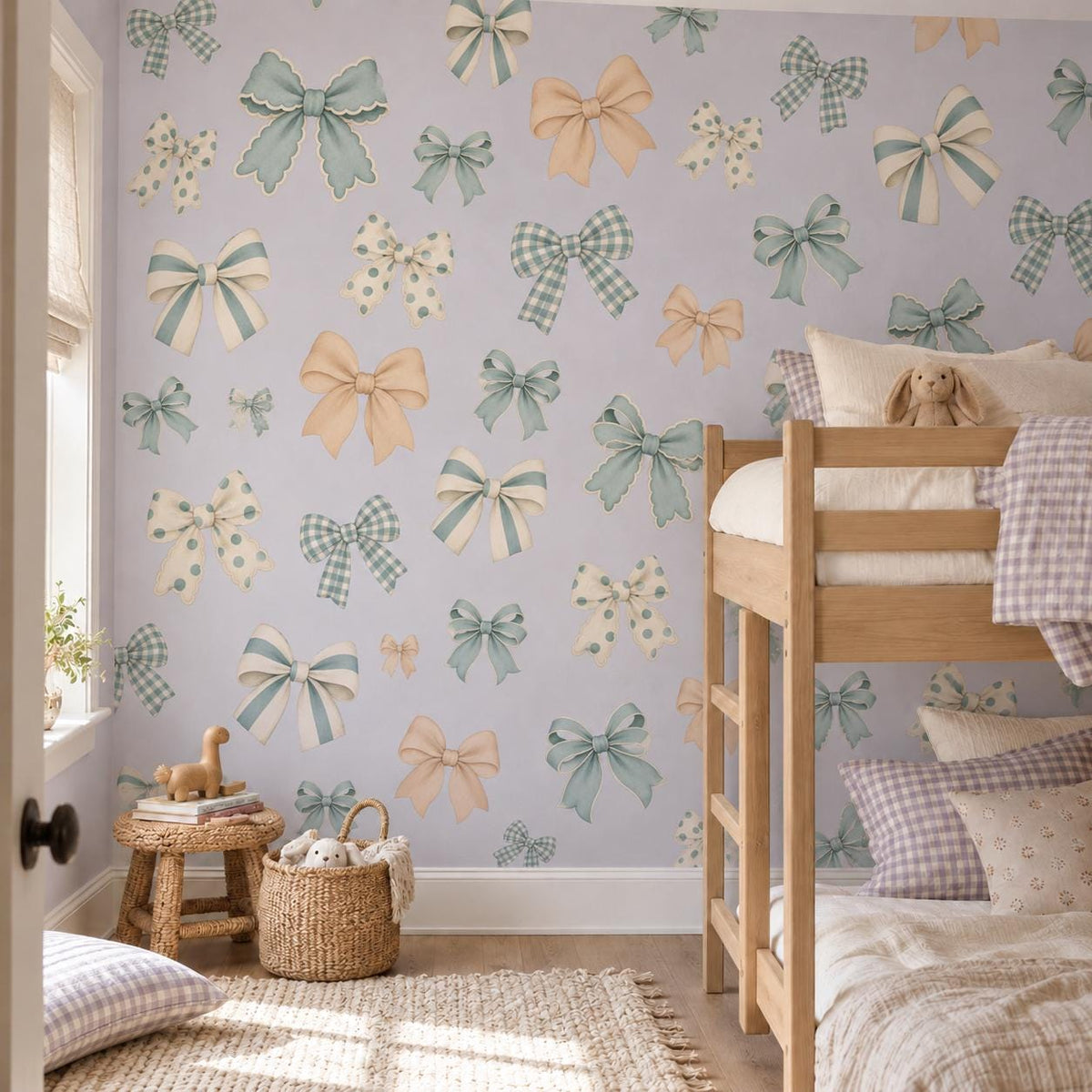 Sage Green Bow Wall Stickers, Gingham Coquette Nursery Decor, Scalloped Ribbon Bow Wall Decals, Neutral Kids Room Peel and Stick Art