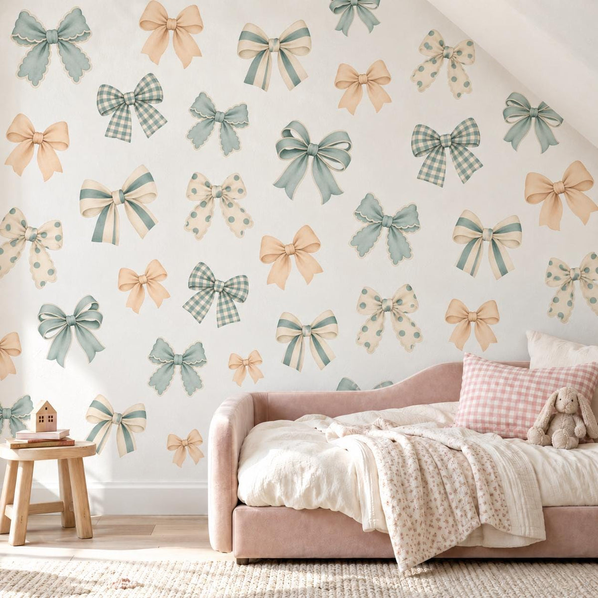 Sage Green Bow Wall Stickers, Gingham Coquette Nursery Decor, Scalloped Ribbon Bow Wall Decals, Neutral Kids Room Peel and Stick Art