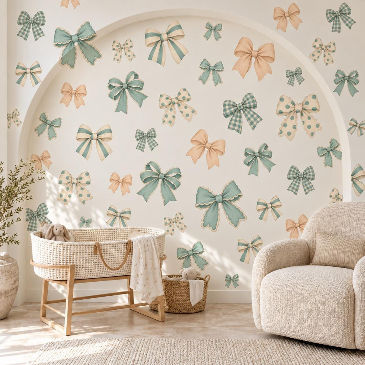 Sage Green Bow Wall Stickers, Gingham Coquette Nursery Decor, Scalloped Ribbon Bow Wall Decals, Neutral Kids Room Peel and Stick Art