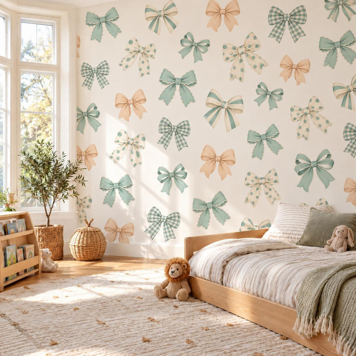 Sage Green Bow Wall Stickers, Gingham Coquette Nursery Decor, Scalloped Ribbon Bow Wall Decals, Neutral Kids Room Peel and Stick Art