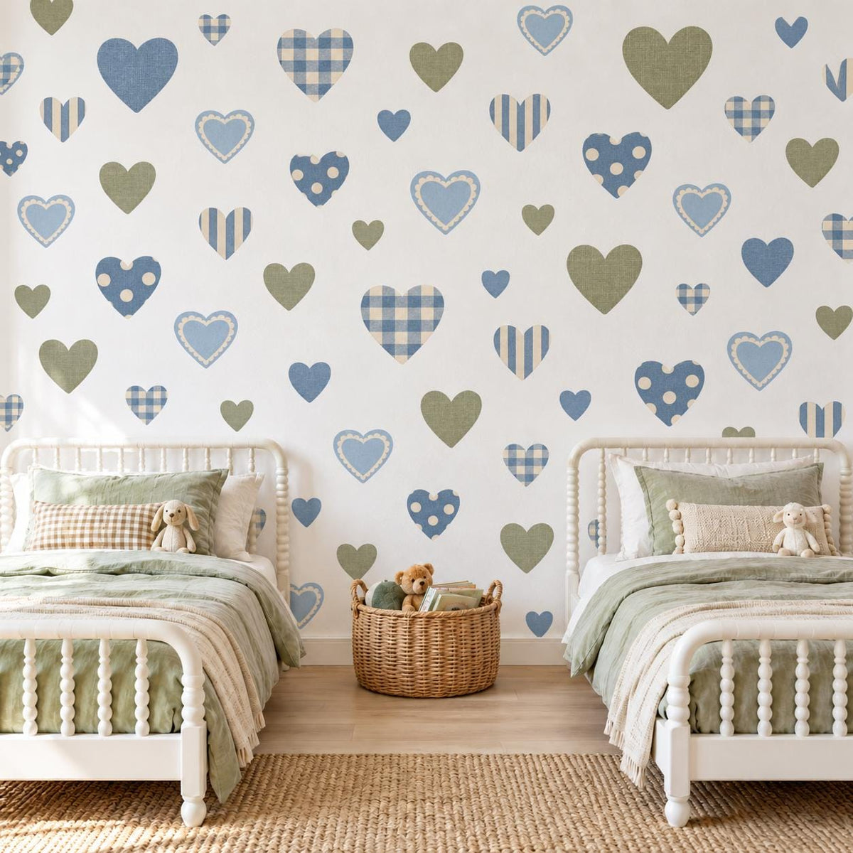 Blue Heart Wall Stickers, Gingham Boys Nursery Decor, Patterned Heart Wall Decals, Kids Room Navy Green Country Peel and Stick Art