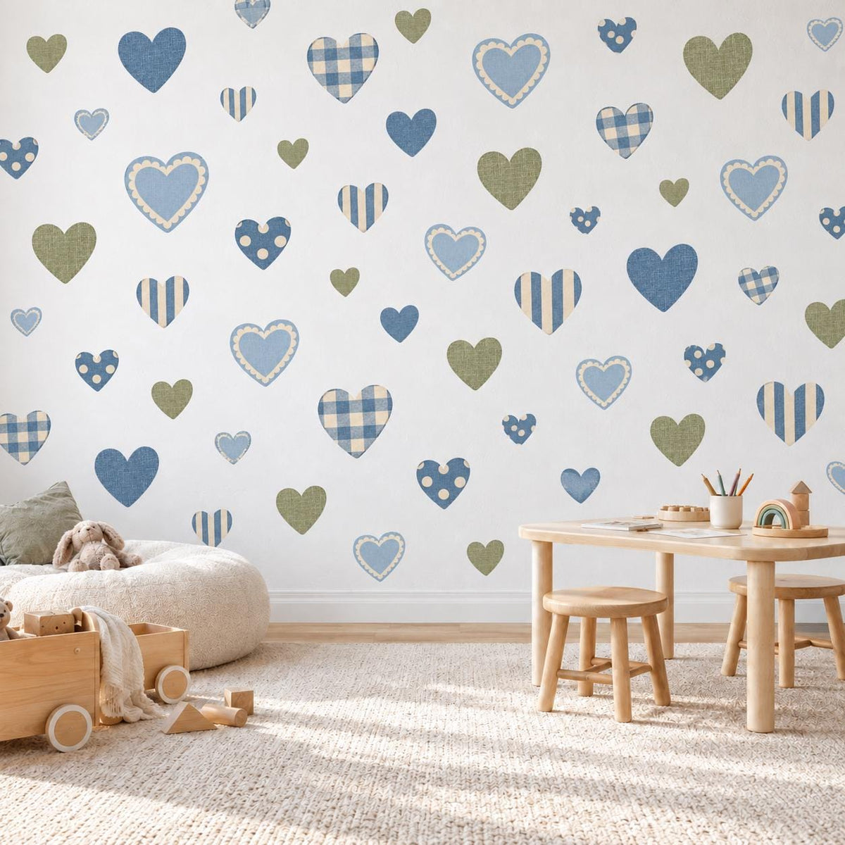 Blue Heart Wall Stickers, Gingham Boys Nursery Decor, Patterned Heart Wall Decals, Kids Room Navy Green Country Peel and Stick Art
