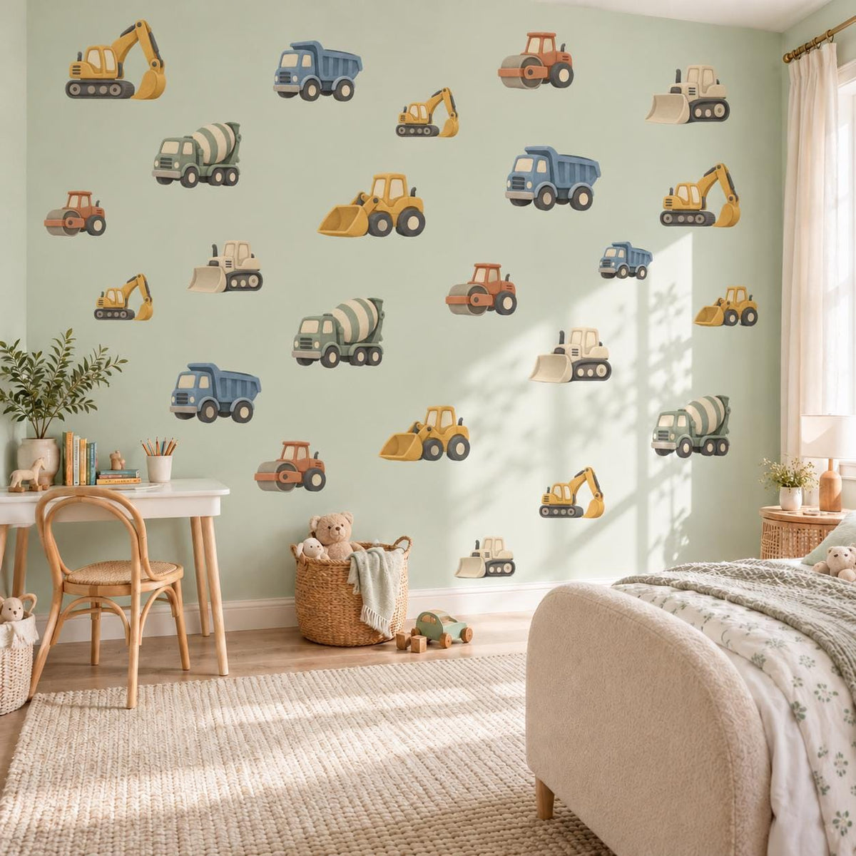 Construction Wall Stickers, Digger Truck Boys Nursery Decor, Excavator Tractor Wall Decals, Kids Room Peel and Stick Wall Art