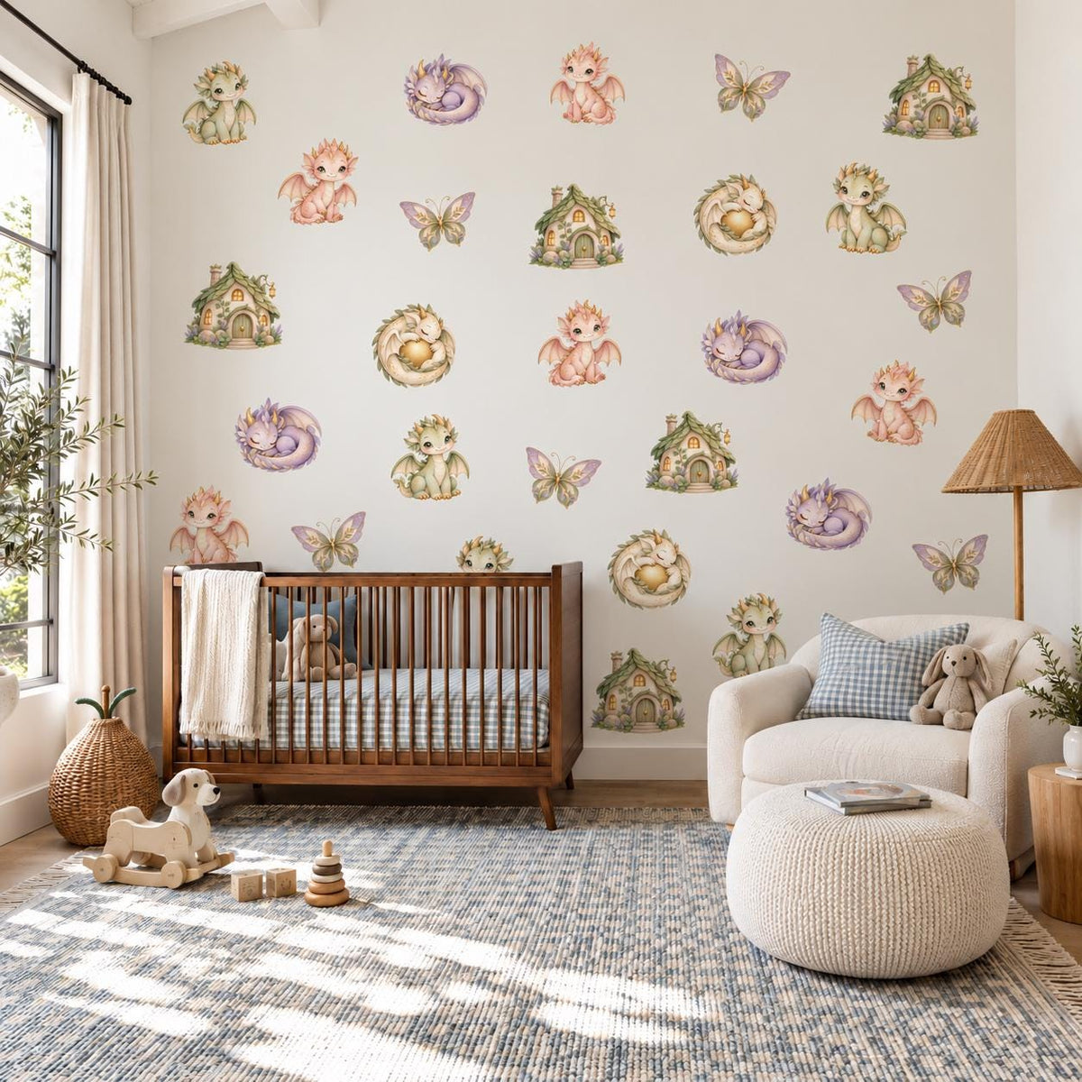 Dragon Wall Stickers, Baby Dragon Nursery Decor, Magical Fantasy Butterfly Wall Decals, Kids Room Gender Neutral Peel and Stick Art