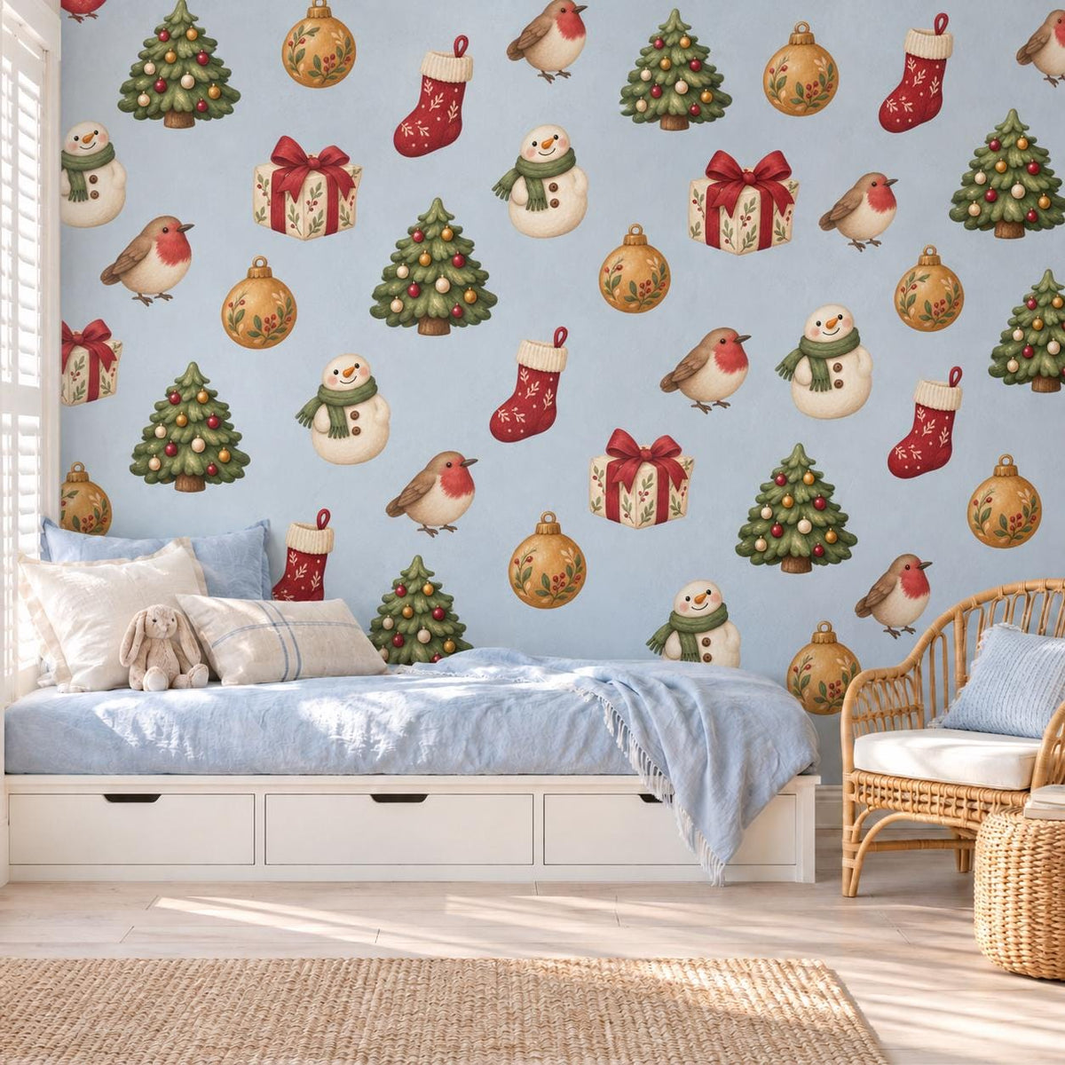 Traditional Christmas Wall Stickers, Nordic Festive Decor, Robin Stocking Snowman Tree Wall Decals, Home Kids Room Peel and Stick Art