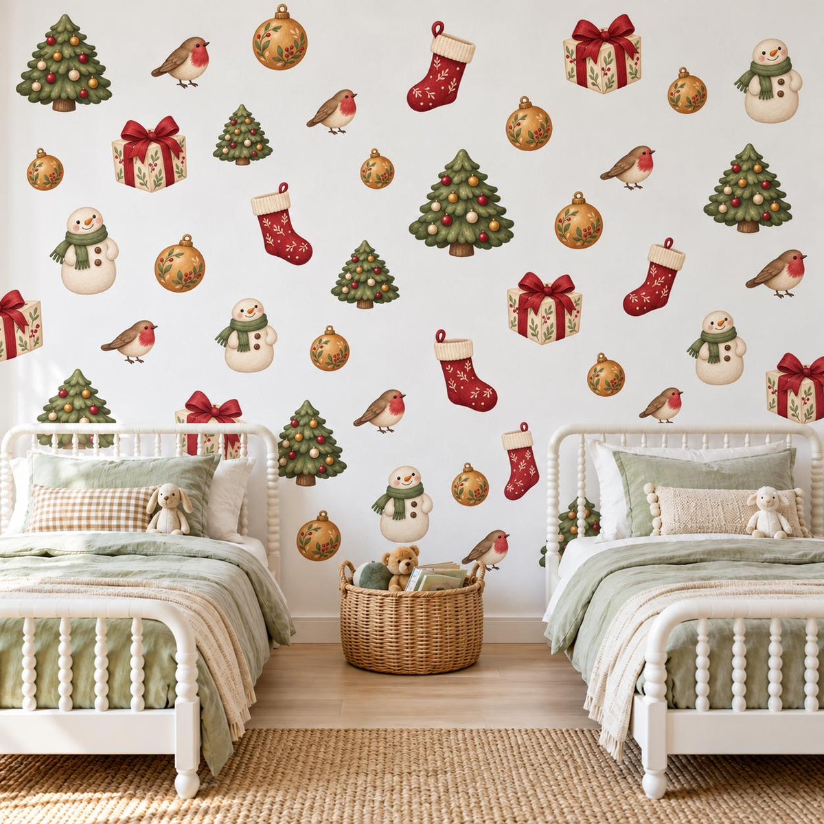 Traditional Christmas Wall Stickers, Nordic Festive Decor, Robin Stocking Snowman Tree Wall Decals, Home Kids Room Peel and Stick Art