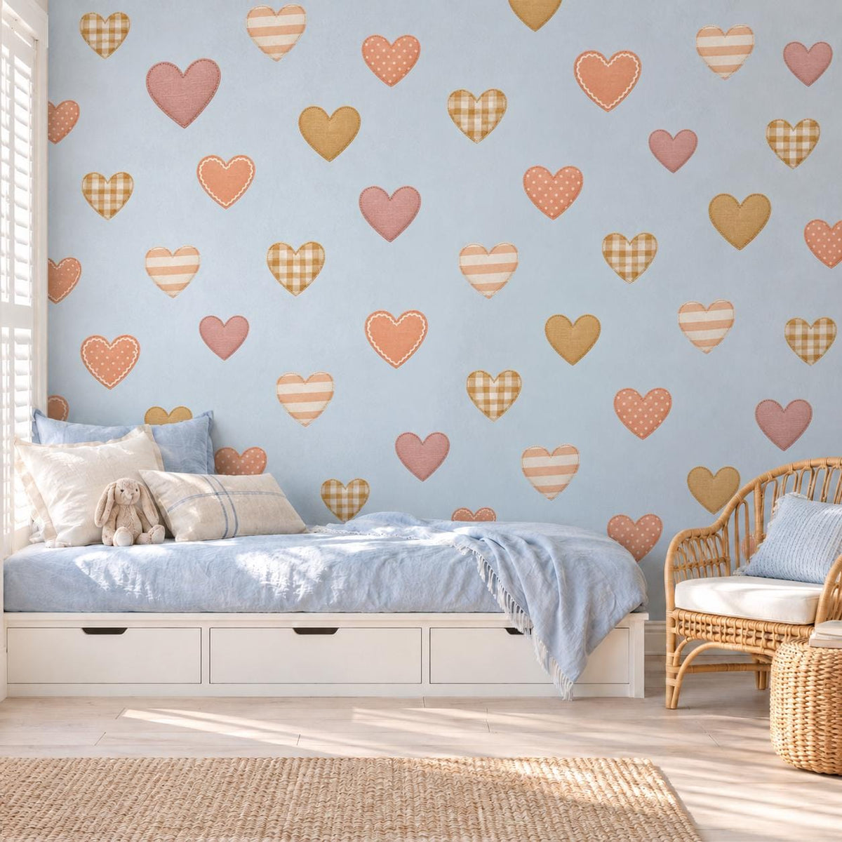 Boho Heart Wall Stickers, Terracotta Peach Nursery Decor, Patchwork Heart Wall Decals, Girls Kids Room Earthy Peel and Stick Art