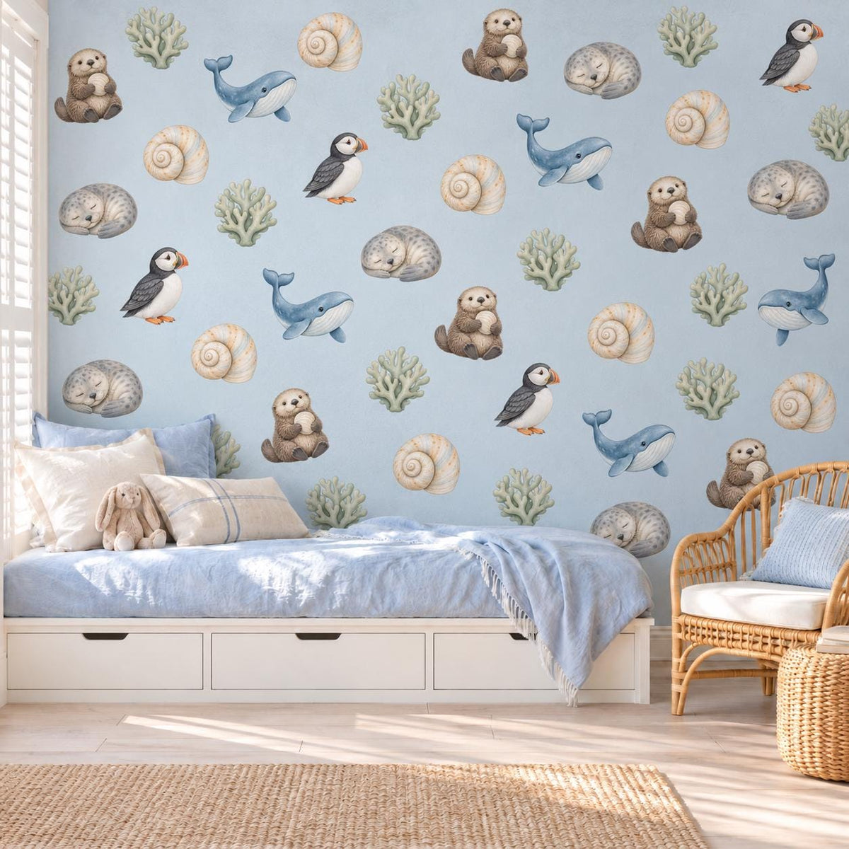 Sea Animal Wall Stickers, Coastal Nursery Decor, Otter Puffin Whale Seal Wall Decals, Kids Room Gender Neutral Peel and Stick Art