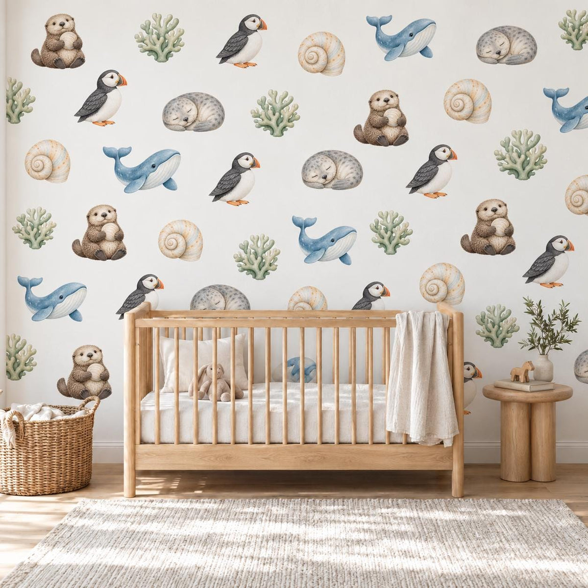 Sea Animal Wall Stickers, Coastal Nursery Decor, Otter Puffin Whale Seal Wall Decals, Kids Room Gender Neutral Peel and Stick Art