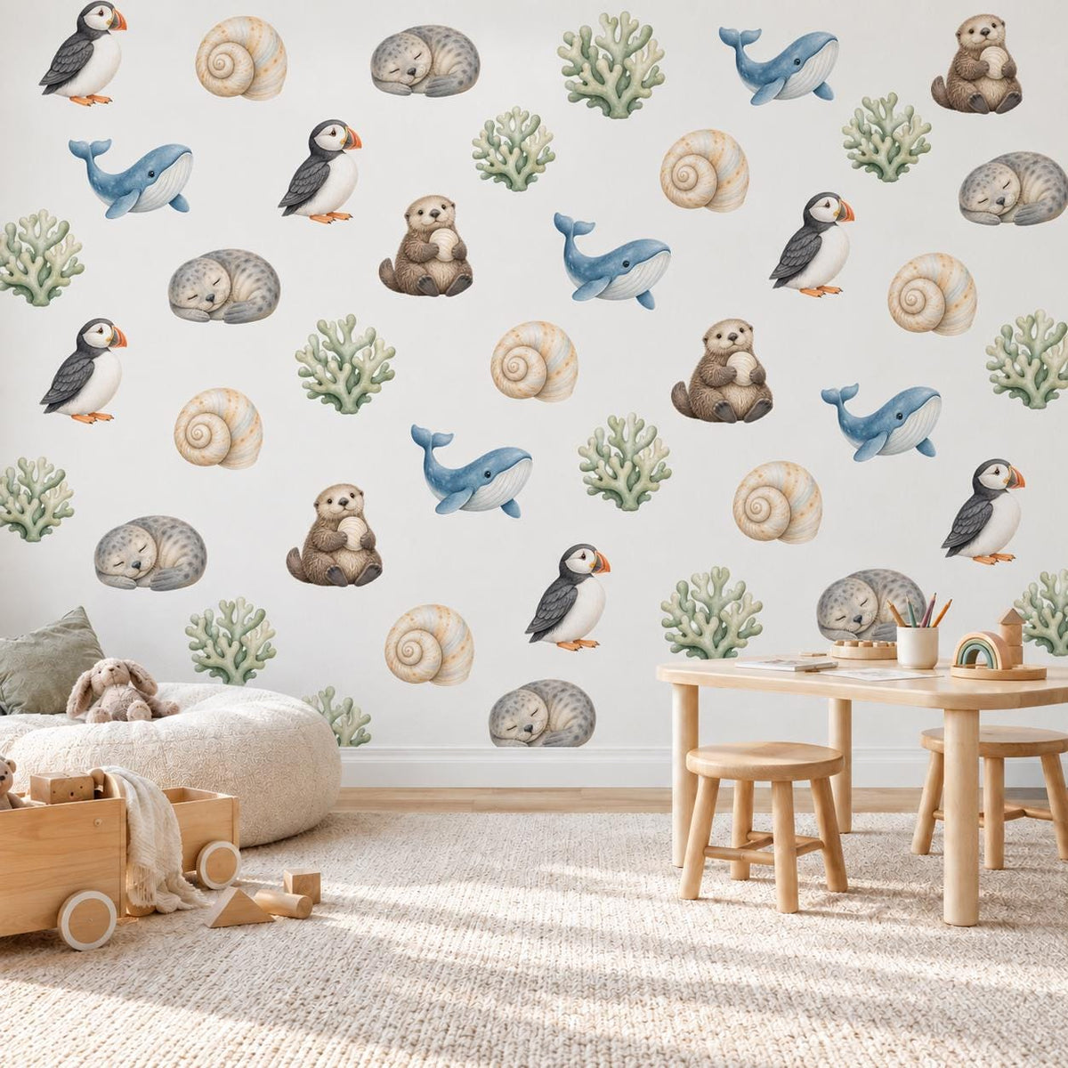 Sea Animal Wall Stickers, Coastal Nursery Decor, Otter Puffin Whale Seal Wall Decals, Kids Room Gender Neutral Peel and Stick Art
