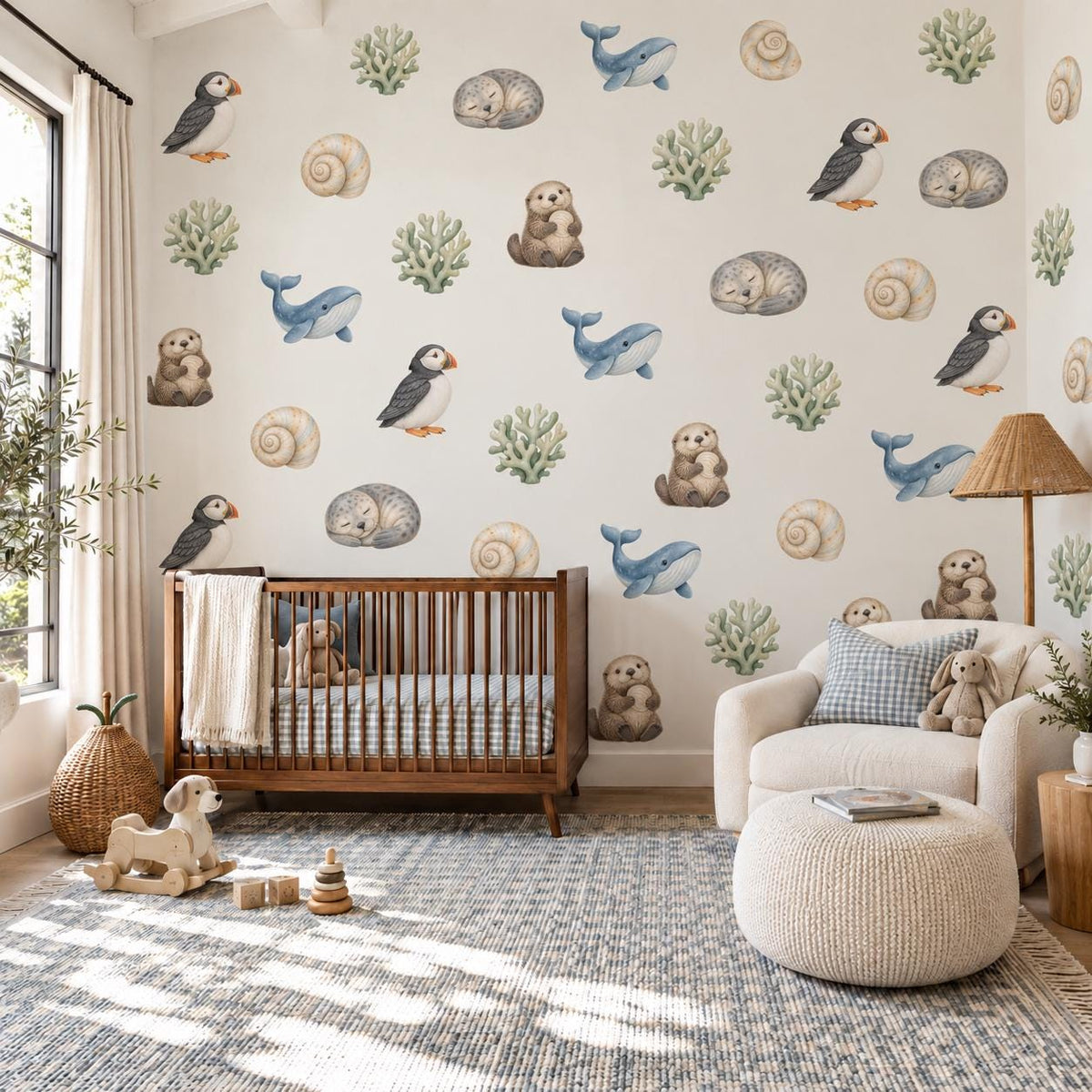 Sea Animal Wall Stickers, Coastal Nursery Decor, Otter Puffin Whale Seal Wall Decals, Kids Room Gender Neutral Peel and Stick Art