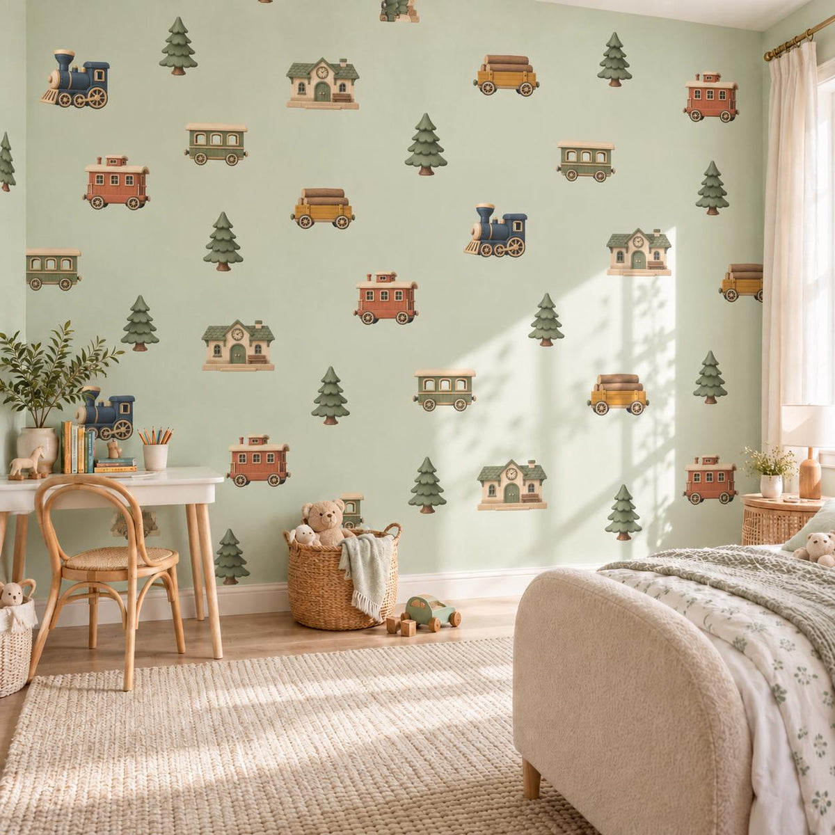 Train Wall Stickers, Woodland Railway Nursery Decor, Steam Train Pine Tree Wall Decals, Boys Kids Room Peel and Stick Wall Art