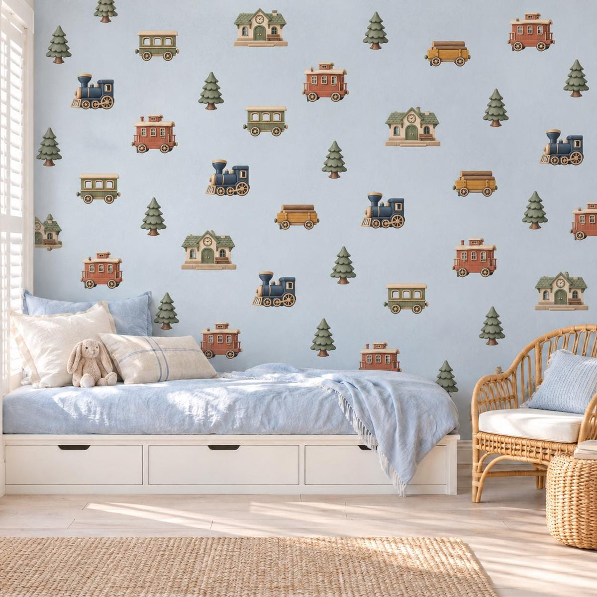 Train Wall Stickers, Woodland Railway Nursery Decor, Steam Train Pine Tree Wall Decals, Boys Kids Room Peel and Stick Wall Art