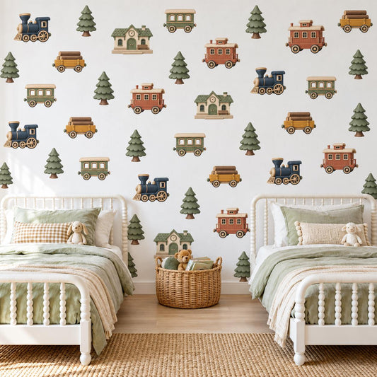 Train Wall Stickers, Woodland Railway Nursery Decor, Steam Train Pine Tree Wall Decals, Boys Kids Room Peel and Stick Wall Art