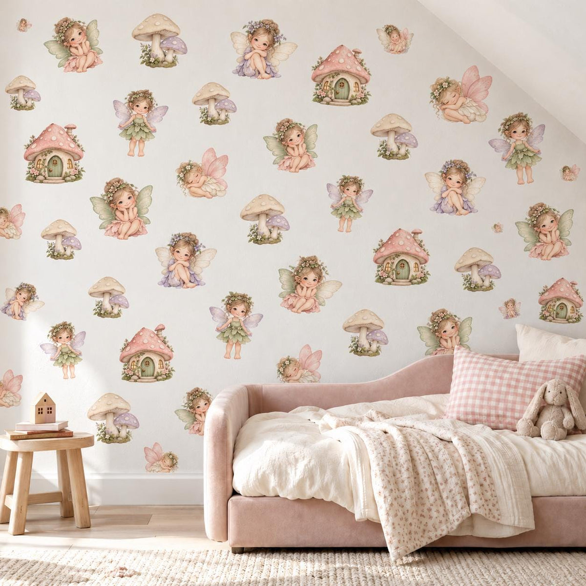 Fairy Wall Stickers, Pixie Toadstool Nursery Decor, Flower Fairy Mushroom House Wall Decals, Girls Kids Room Peel and Stick Art
