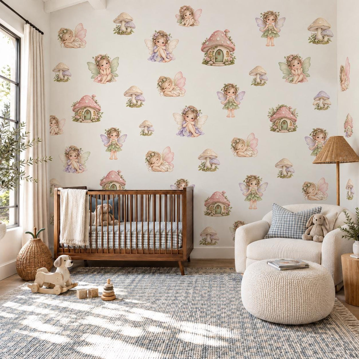 Fairy Wall Stickers, Pixie Toadstool Nursery Decor, Flower Fairy Mushroom House Wall Decals, Girls Kids Room Peel and Stick Art