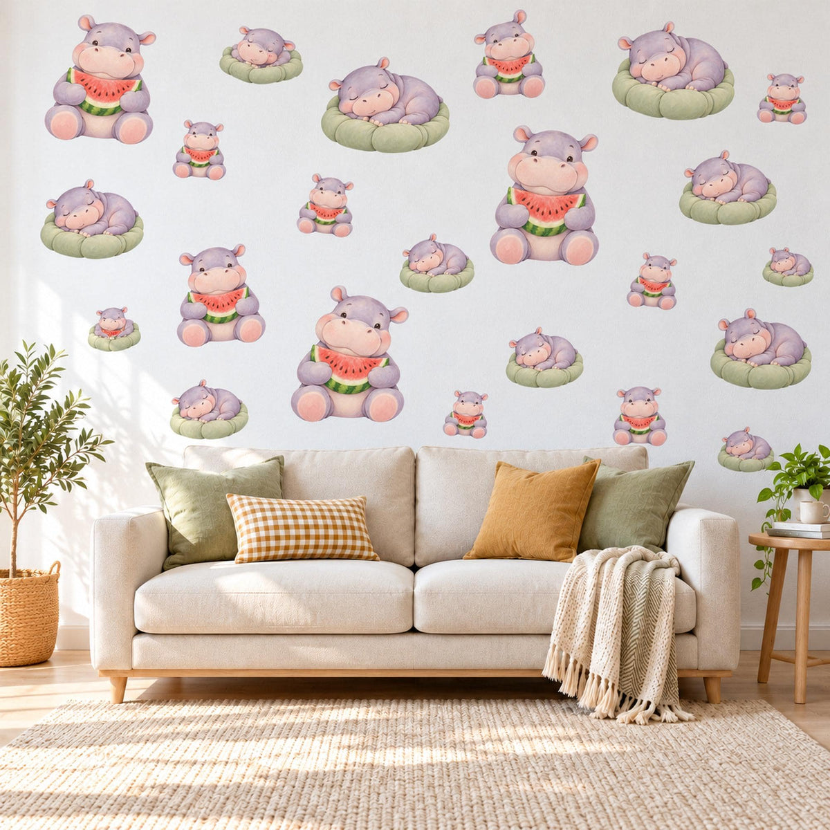 Hippo Wall Stickers, Baby Hippo Nursery Decor, Watermelon Wall Decals, Lilac Pink Green Kids Room Safari Peel and Stick Wall Art