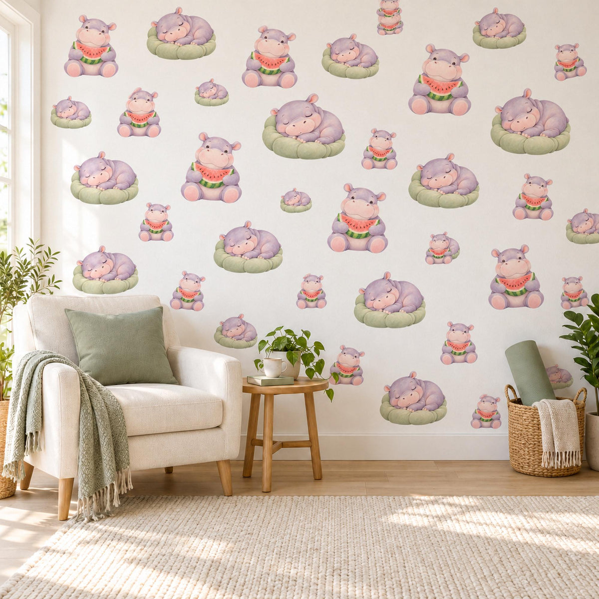 Hippo Wall Stickers, Baby Hippo Nursery Decor, Watermelon Wall Decals, Lilac Pink Green Kids Room Safari Peel and Stick Wall Art