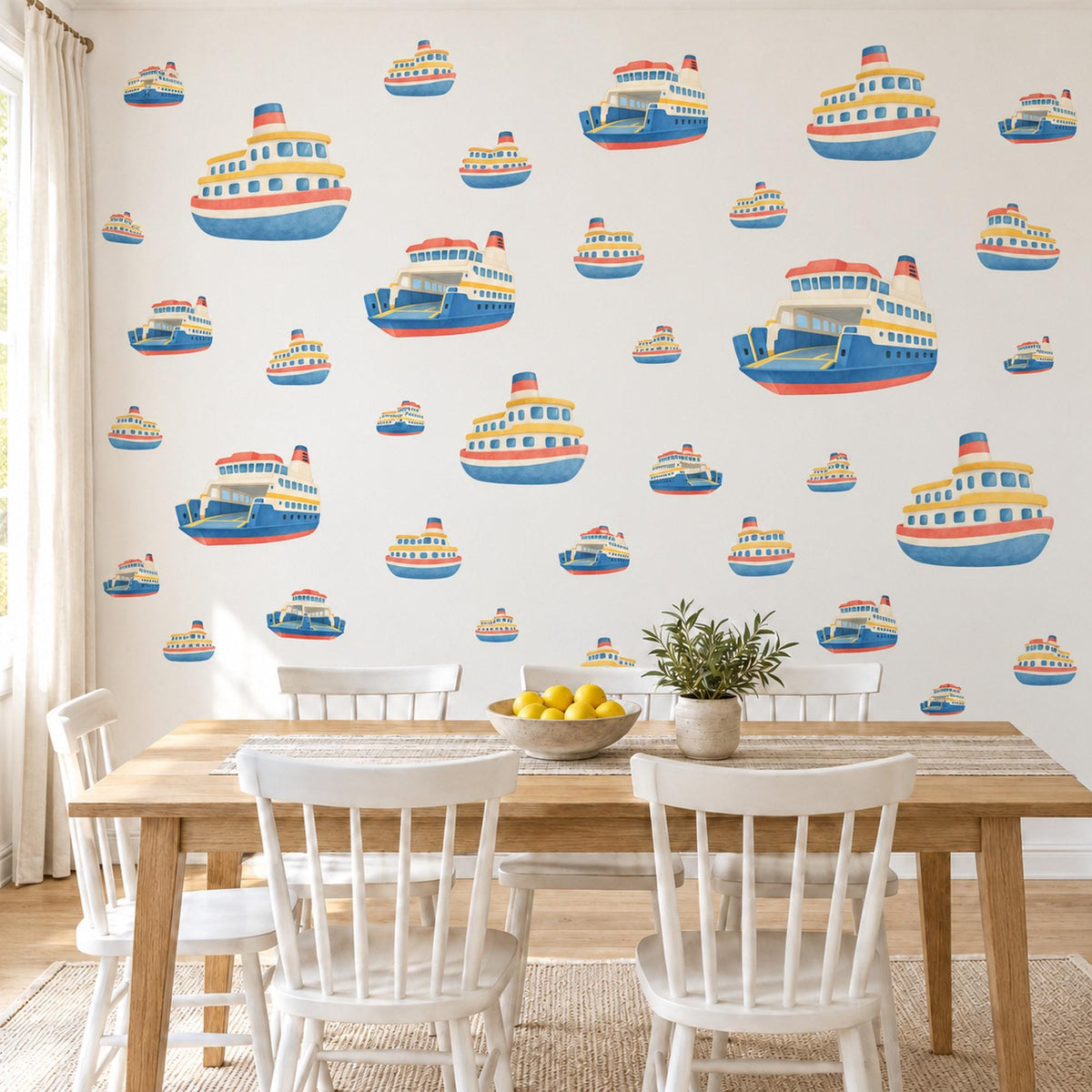 Ferry Wall Stickers, Toy Boat Nursery Decor, Nautical Ship Wall Decals, Navy Blue Red Kids Room Transport Peel and Stick Wall Art