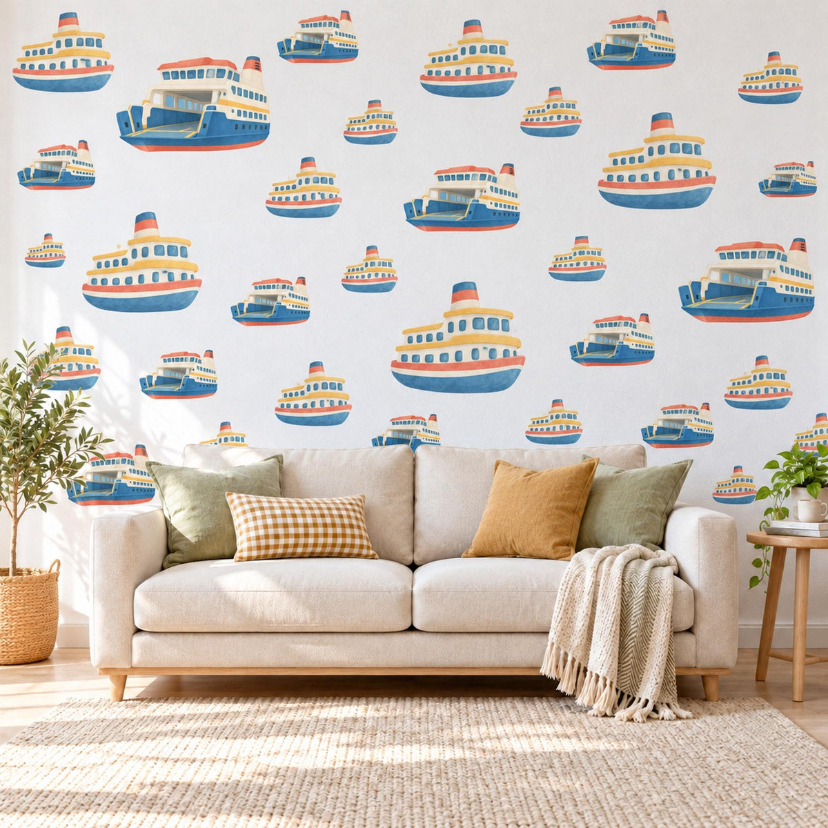 Ferry Wall Stickers, Toy Boat Nursery Decor, Nautical Ship Wall Decals, Navy Blue Red Kids Room Transport Peel and Stick Wall Art
