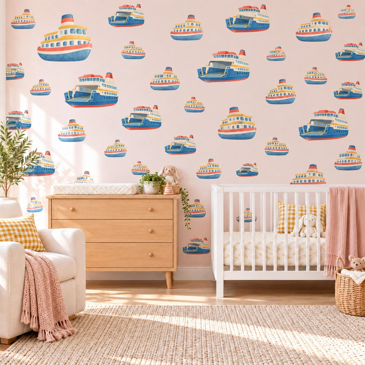 Ferry Wall Stickers, Toy Boat Nursery Decor, Nautical Ship Wall Decals, Navy Blue Red Kids Room Transport Peel and Stick Wall Art