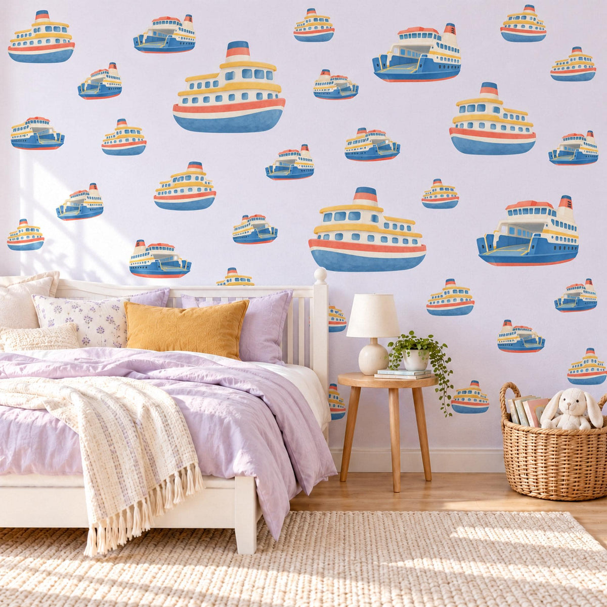 Ferry Wall Stickers, Toy Boat Nursery Decor, Nautical Ship Wall Decals, Navy Blue Red Kids Room Transport Peel and Stick Wall Art