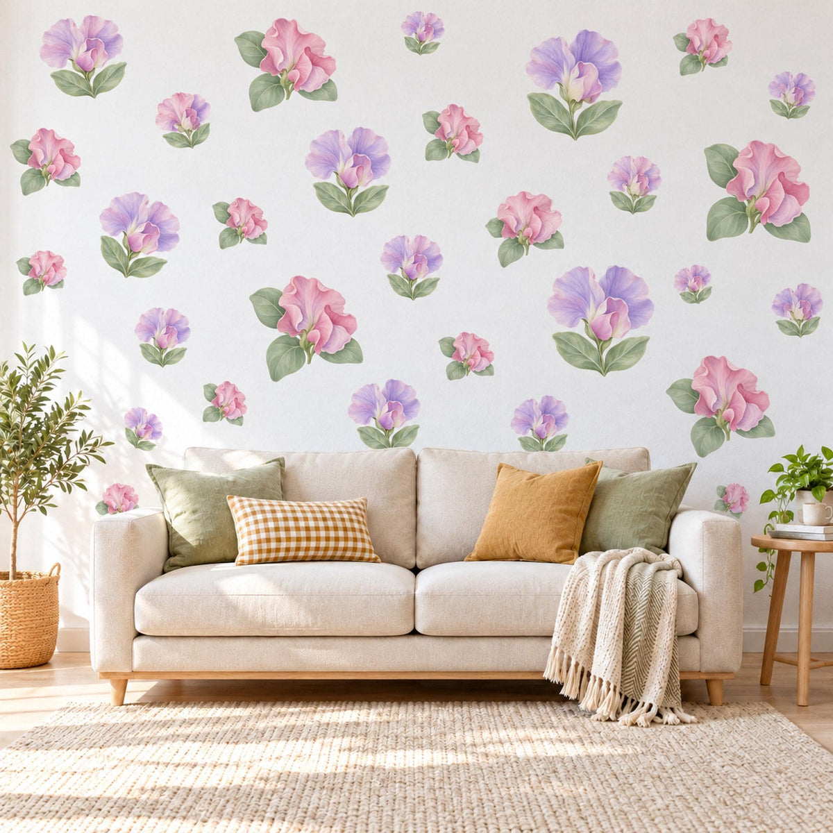 Sweet Pea Wall Stickers, Floral Nursery Decor, Lilac Pink Flower Wall Decals, Girls Bedroom Botanical Peel and Stick Wall Art
