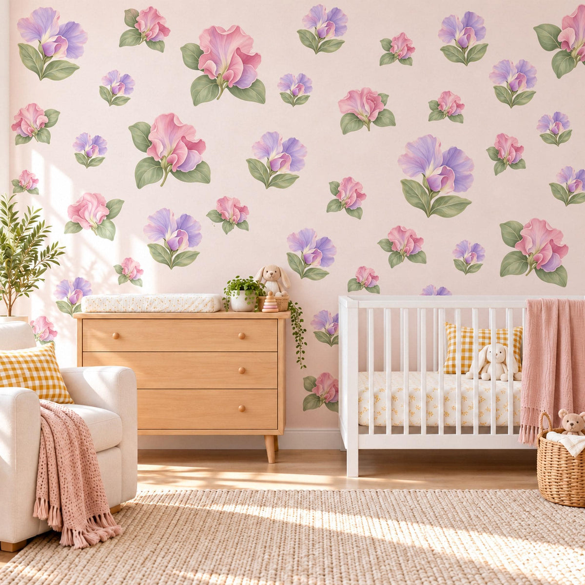 Sweet Pea Wall Stickers, Floral Nursery Decor, Lilac Pink Flower Wall Decals, Girls Bedroom Botanical Peel and Stick Wall Art