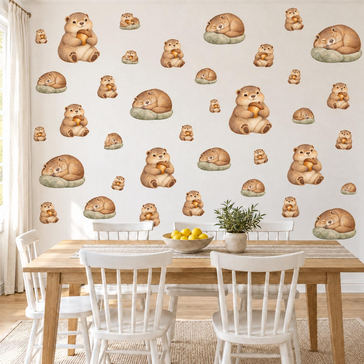 Marmot Wall Stickers, Woodland Animal Nursery Decor, Sleepy Marmot Wall Decals, Brown Sage Kids Room Peel and Stick Wall Art