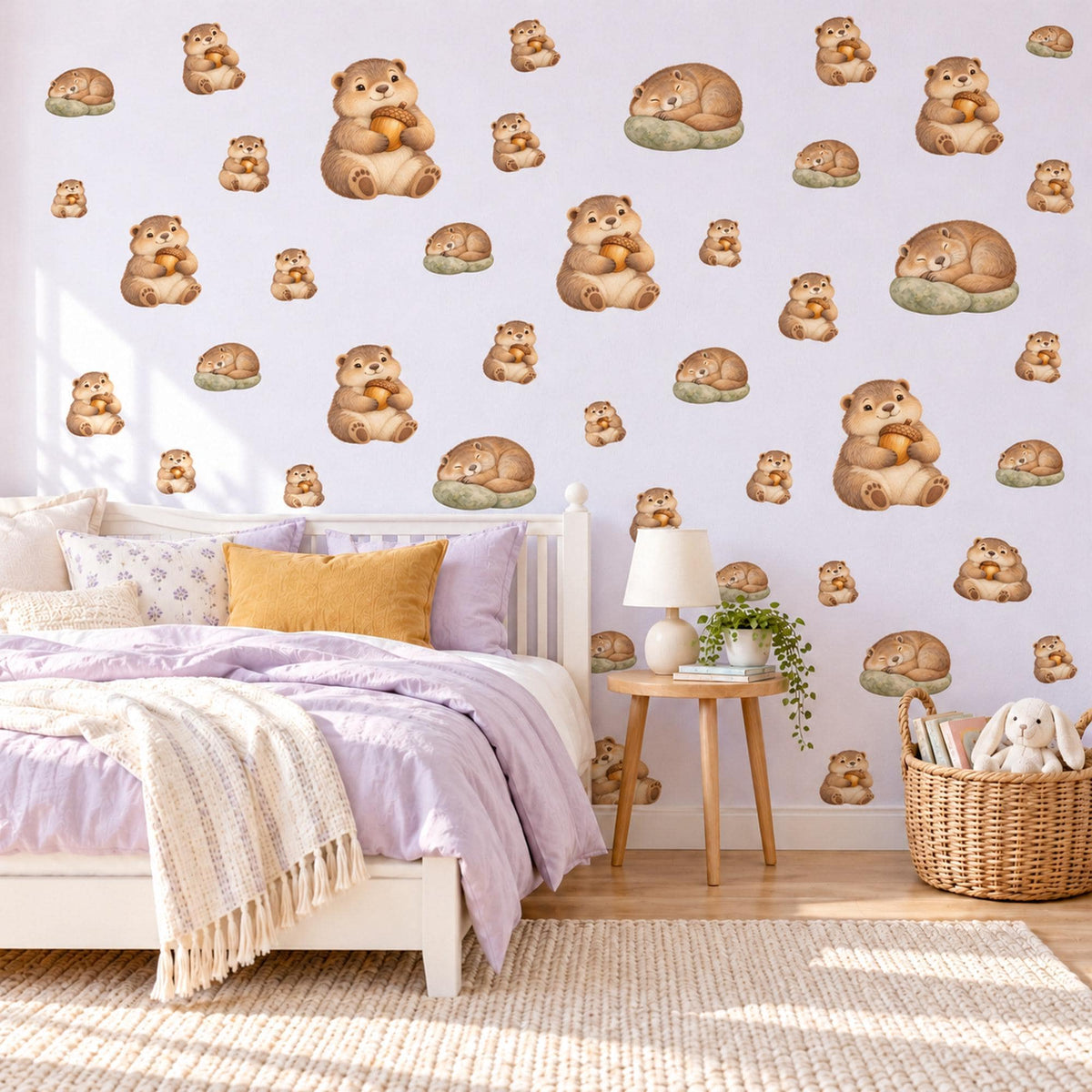 Marmot Wall Stickers, Woodland Animal Nursery Decor, Sleepy Marmot Wall Decals, Brown Sage Kids Room Peel and Stick Wall Art