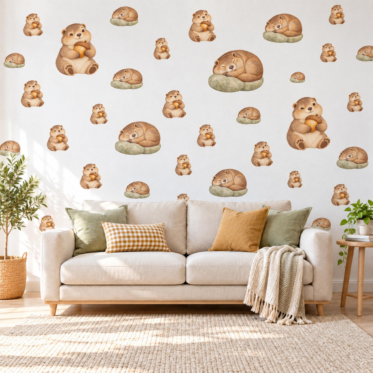 Marmot Wall Stickers, Woodland Animal Nursery Decor, Sleepy Marmot Wall Decals, Brown Sage Kids Room Peel and Stick Wall Art