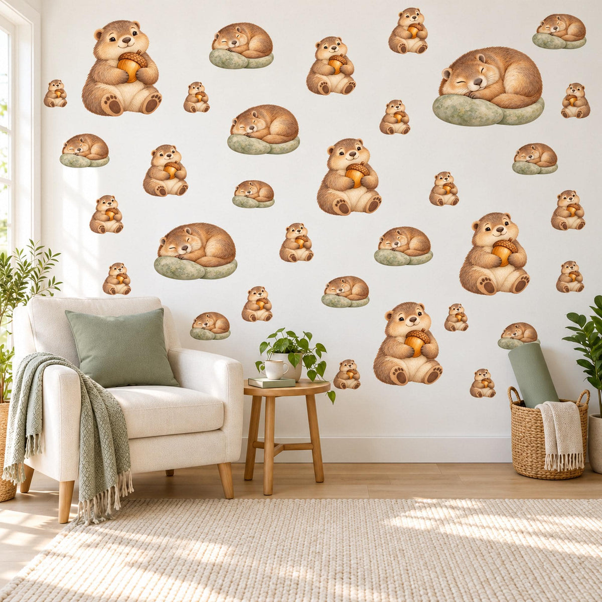 Marmot Wall Stickers, Woodland Animal Nursery Decor, Sleepy Marmot Wall Decals, Brown Sage Kids Room Peel and Stick Wall Art
