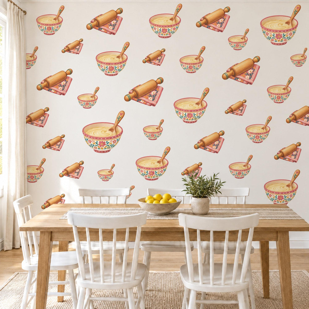 Baking Wall Stickers, Kitchen Wall Decor, Mixing Bowl Rolling Pin Wall Decals, Folk Floral Red Cream Play Kitchen Peel and Stick Wall Art